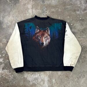 Vintage 90s Call Of The Wild Varsity Jacket Size Large Black White Wolf Nature